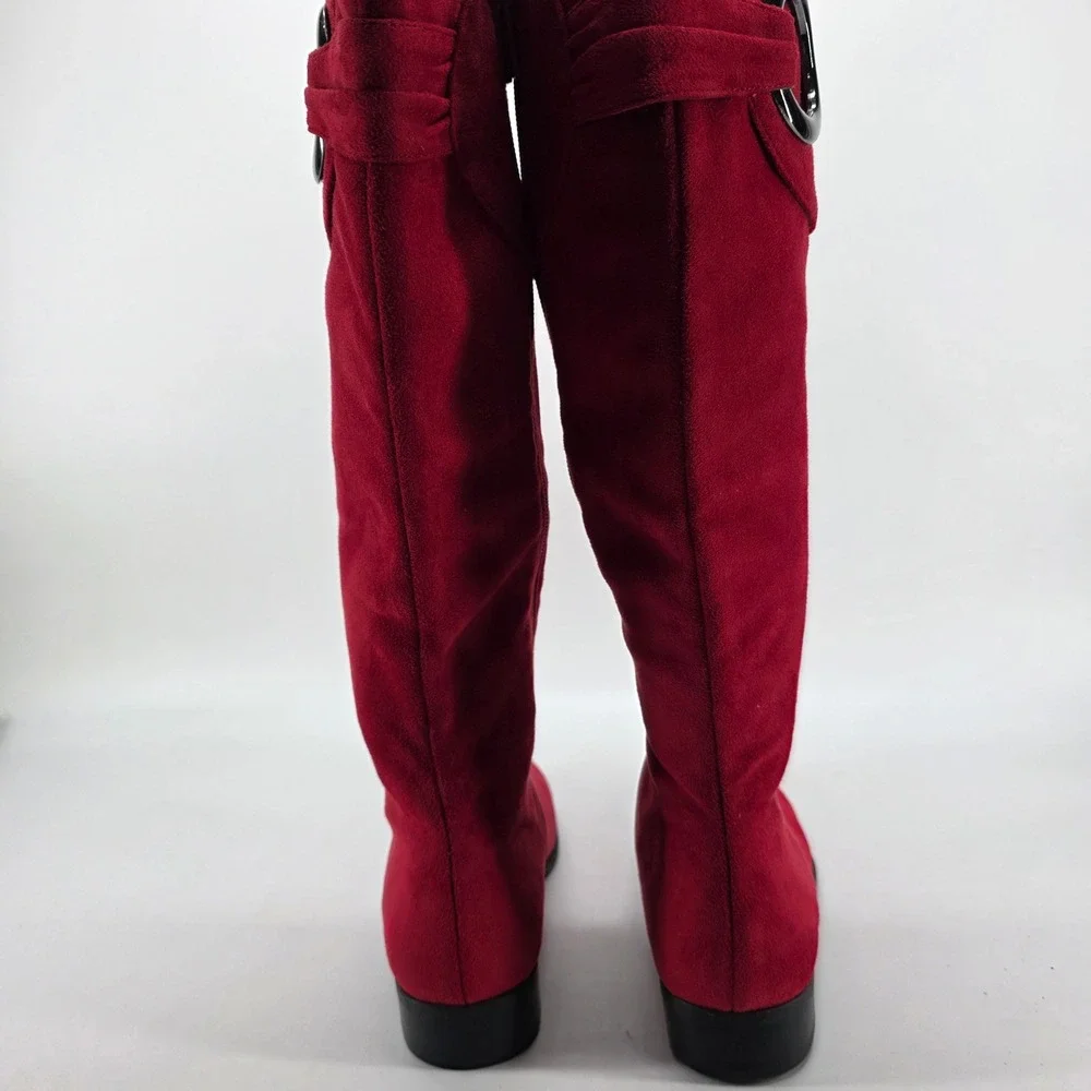 Impo Knee High Boots Red Faux Suede Remember Tall 7 M Buckle Whimsigoth Y2K Mod